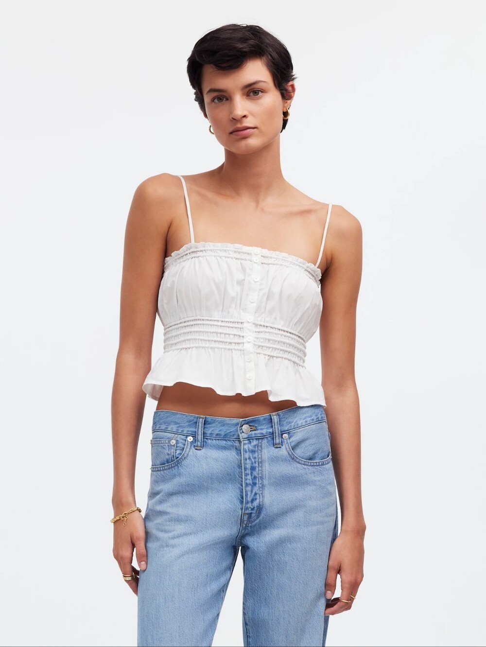 Madewell Smocked Button Front Tank Top Poplin Shirt Eyelet White Small NWT NWD